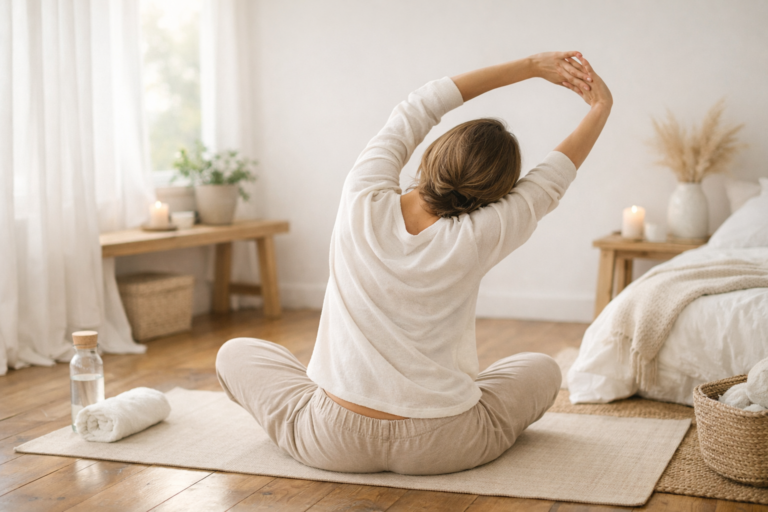 serene morning scene of a person doing gentle stretching exercises in a bright room with natural light, peaceful atmosphere, wellness lifestyle photography, soft colors, calm and inviting