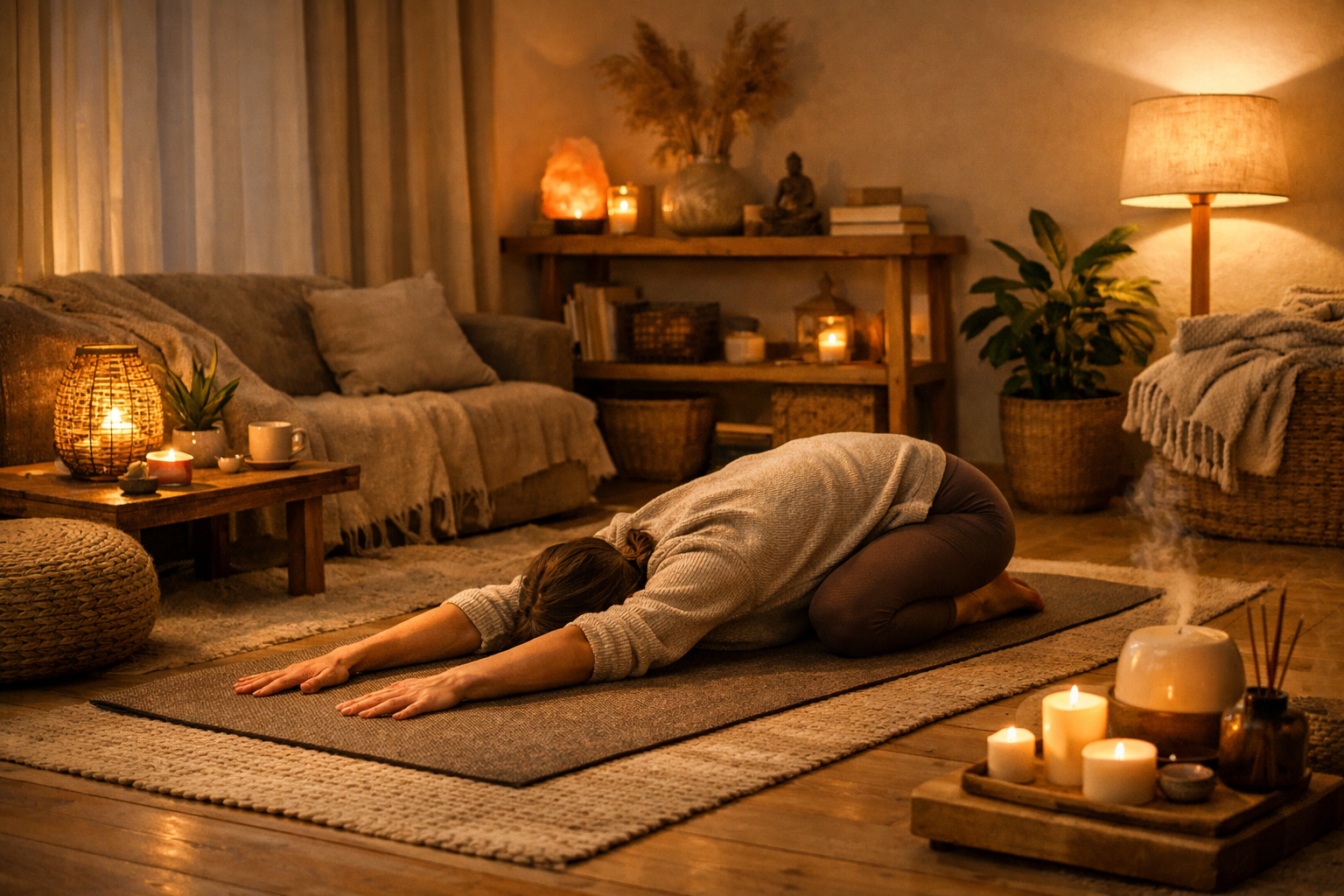 cozy evening home setup with warm lighting, a person relaxing on a yoga mat with gentle stretching position, wellness evening routine, calm and peaceful interior, natural tones